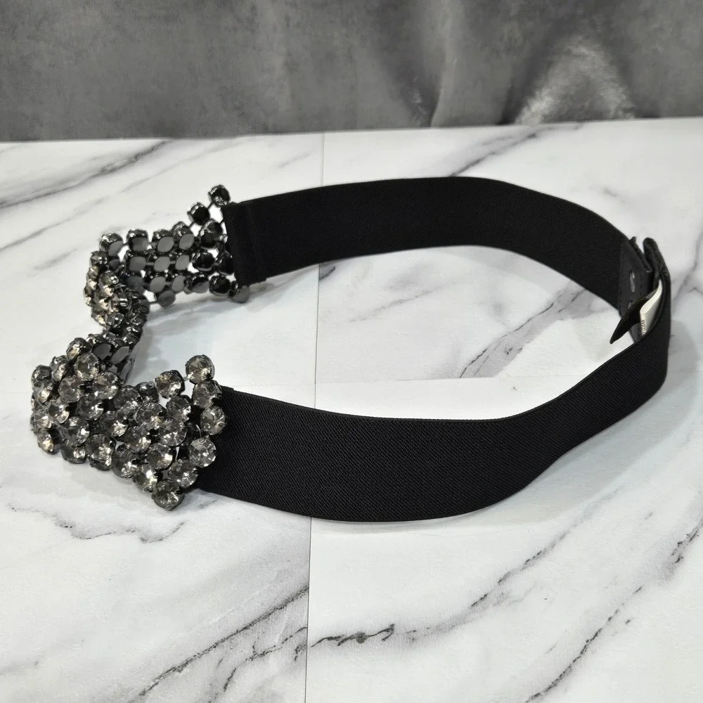 BCBGMAXAZRIA Waist Belt Medium Black Rhinestone Crystal Mesh Elastic Stretch
